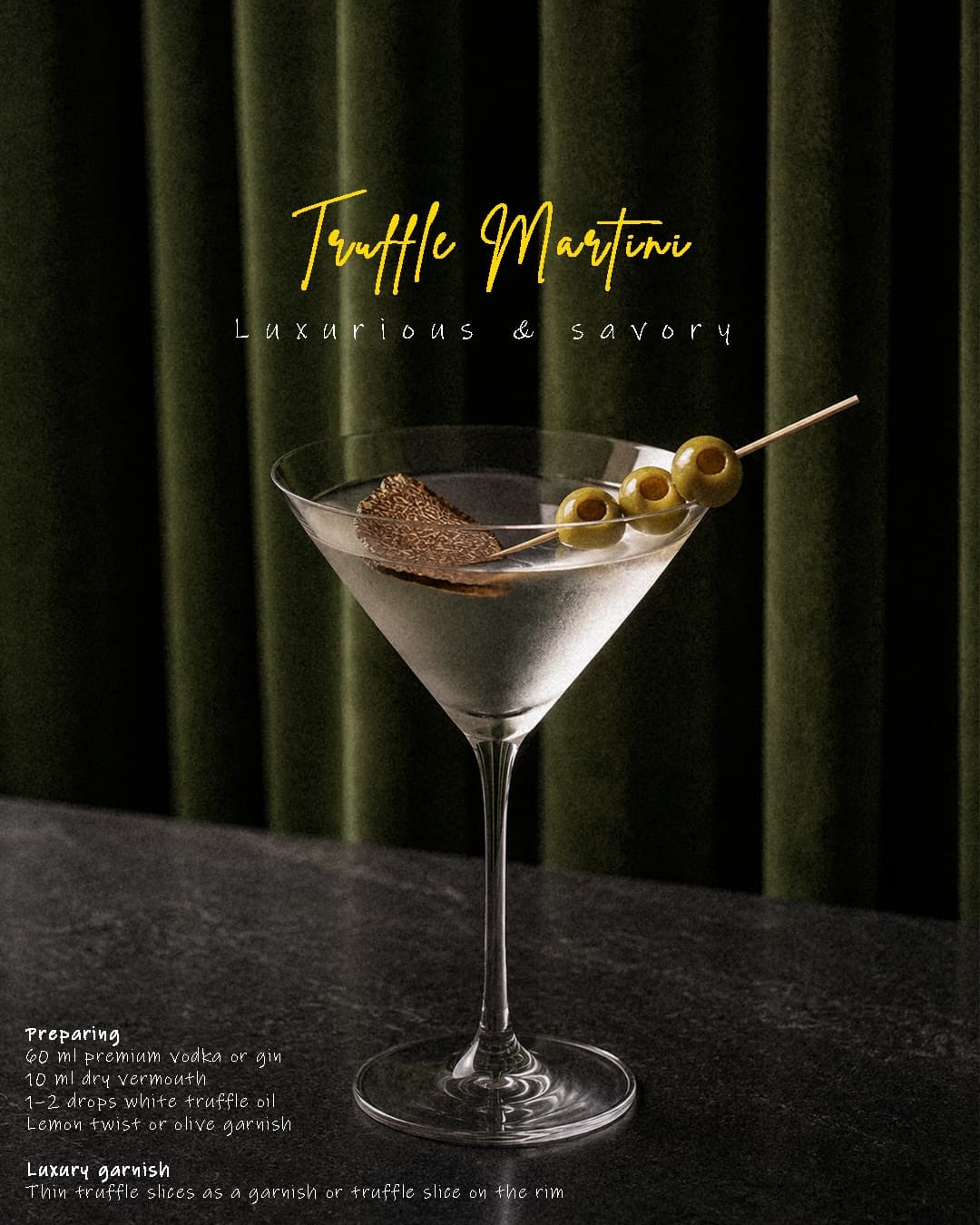 Truffle Martini with olive garnish and shaved truffle on dark velvet